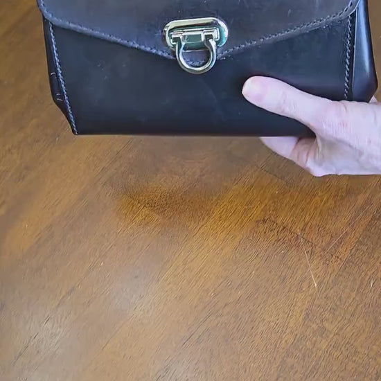 Hand Stitched, Full Grain, Black Leather Handbag with NE Cornhusker Football Lining - Handcrafted Purse