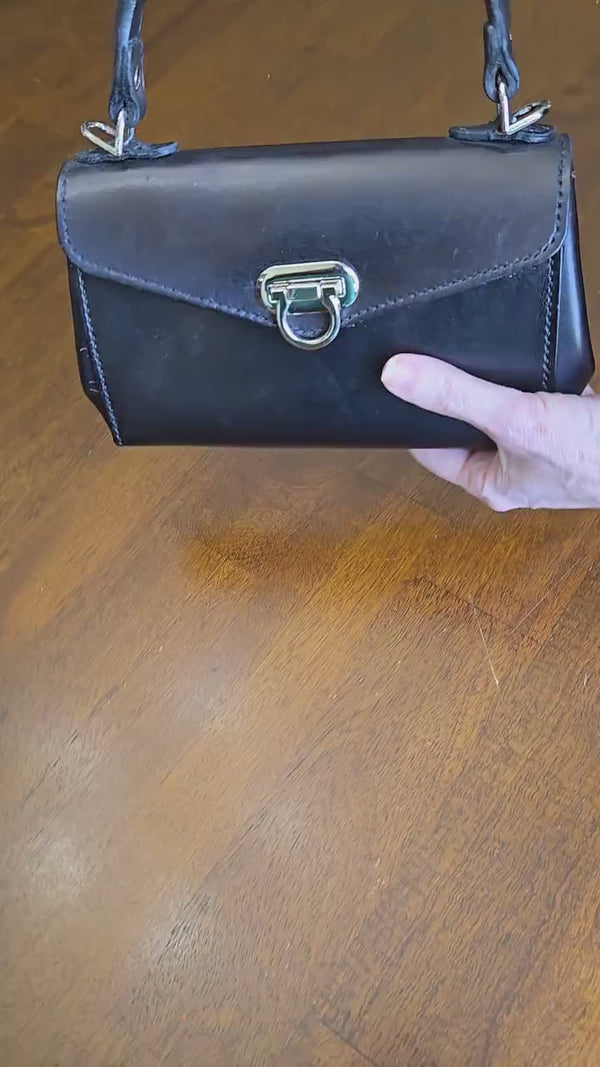 Hand Stitched, Full Grain, Black Leather Handbag with NE Cornhusker Football Lining - Handcrafted Purse