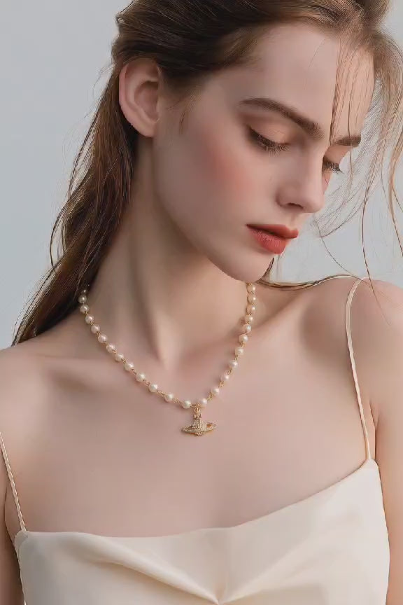 Pearl Necklace- Dainty Planet Charm Necklace: Pearl Beads with Pave Pendant Detail